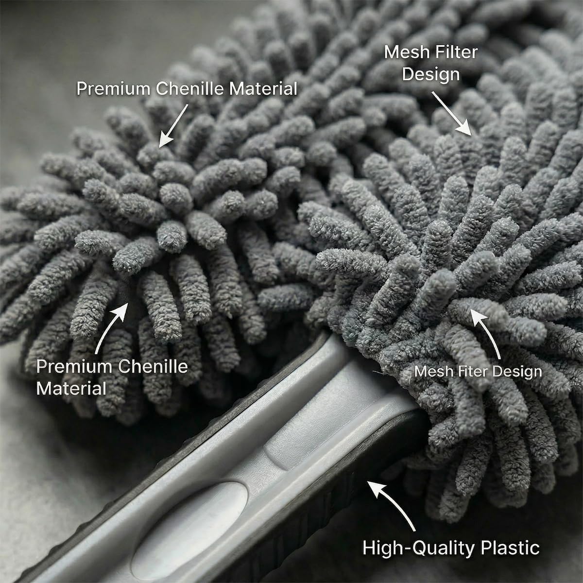 Craedli Car Interior Duster, Soft Chenille Microfiber Car Dash Dusting Brush Tool with Comfort Anti-Slip Grip, Multifunctional Auto Detailing Cleaning Supplies for Cars, Trucks, SUVs(Double-Sided)