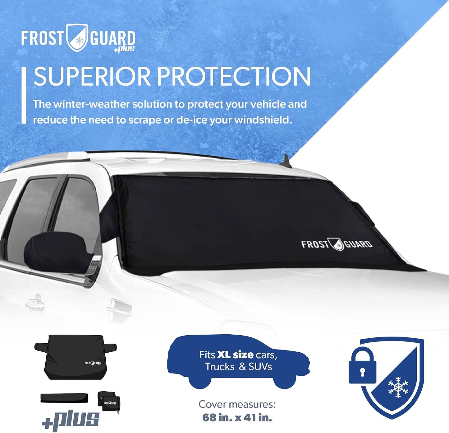 FrostGuard Plus | Winter Windshield Cover for Ice and Snow, XL Size (Black) - Built-in Security Panels, Wiper Blade Coverage + Mirror Covers - Fits XL Size Cars, Trucks and SUVs, 68 x 41 Inches