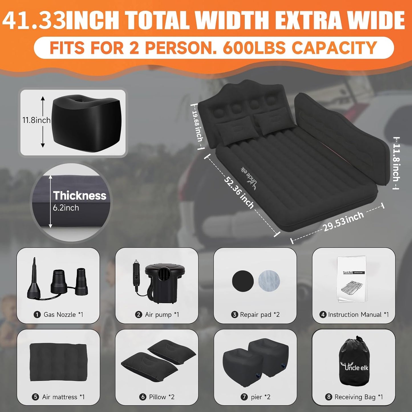 Car Air Mattress Bed - Inflatable Back Seat Air Mattress with Upgraded Wear-Resistant Pongee Bottom, Thick Camping Sleeping Pad with 2 Pillows & Air Pump, Fits Sedan/Truck/SUV, Black