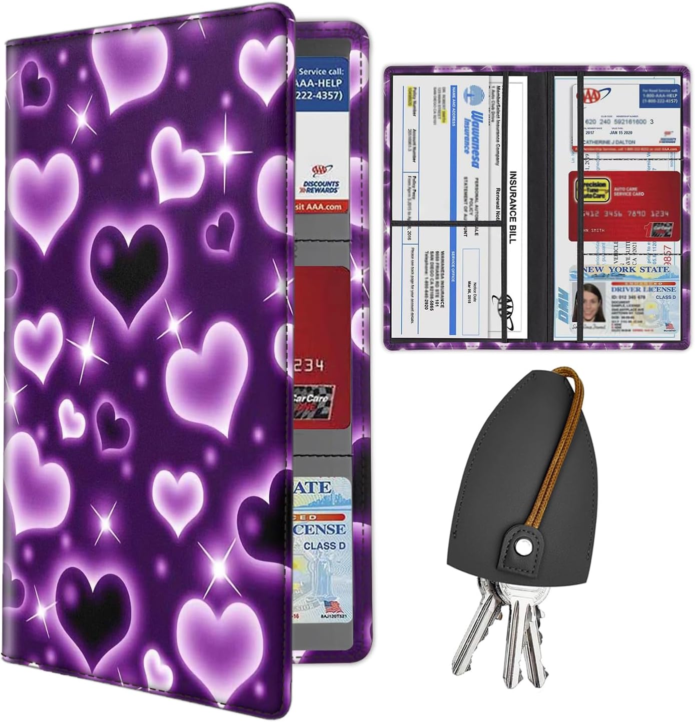 Car Document Holder with Magnetic Shut, PU Leather Car Registration & Insurance Card Holder for Driver License, Cards & Essential Documents, Vehicle Glove Box Organizer, Purple Heart Balloon Pattern