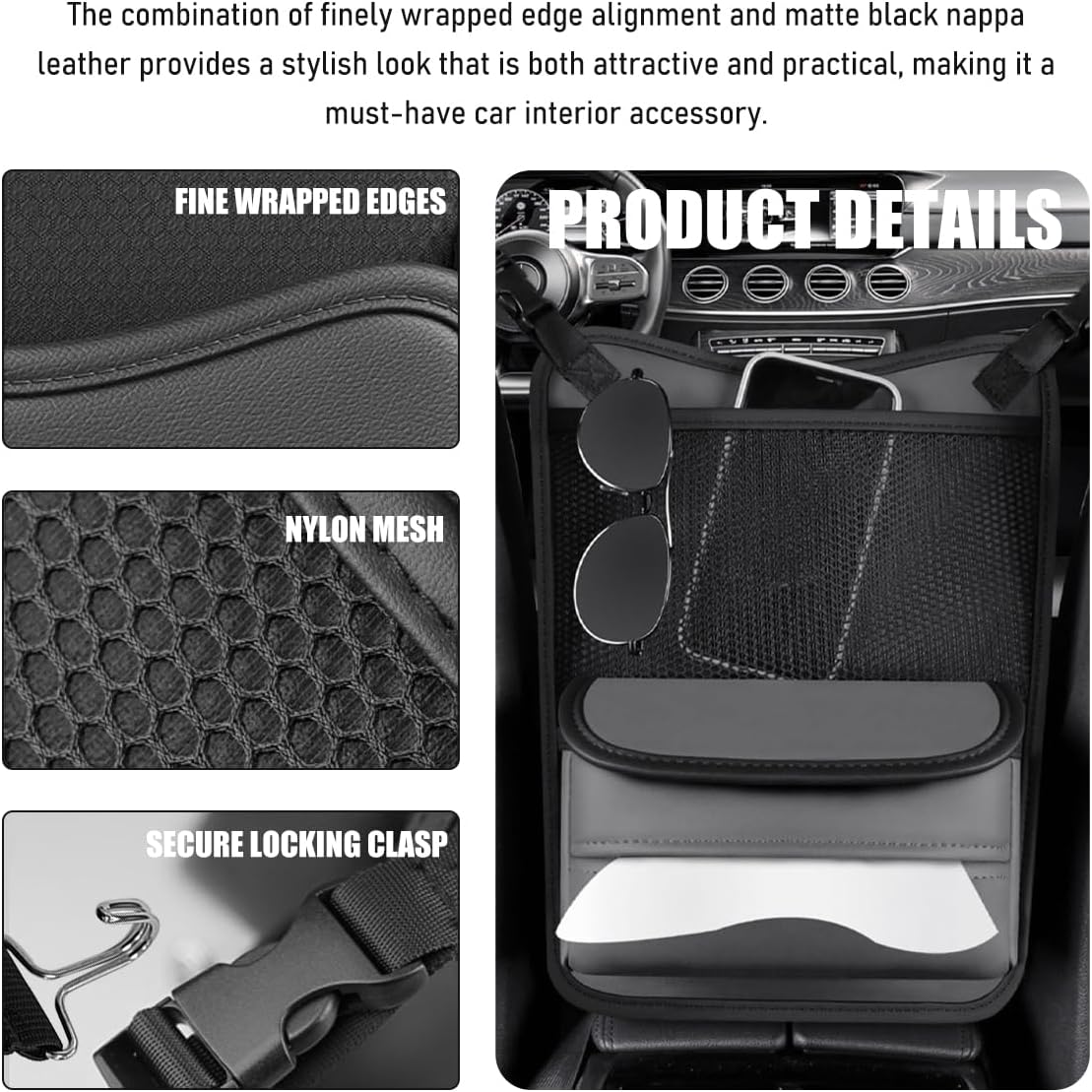 Car Organizer Storage Between Seats, Nappa Leather Front Seat Storage Bag with Tissue Holder, Automotive Console Hanging Net Pocket Handbag Holder for Phone Document (Gray)