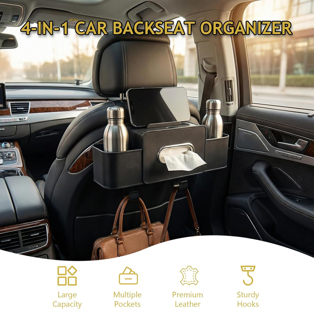 Backseat Car Organizer, 4 in 1 Multifunctional Car Back Seat Storage Organizer with Tissue Box, 2 Cup Holders, Phone Stand and Hooks, Automotive Seat Back Organizers (Brown)