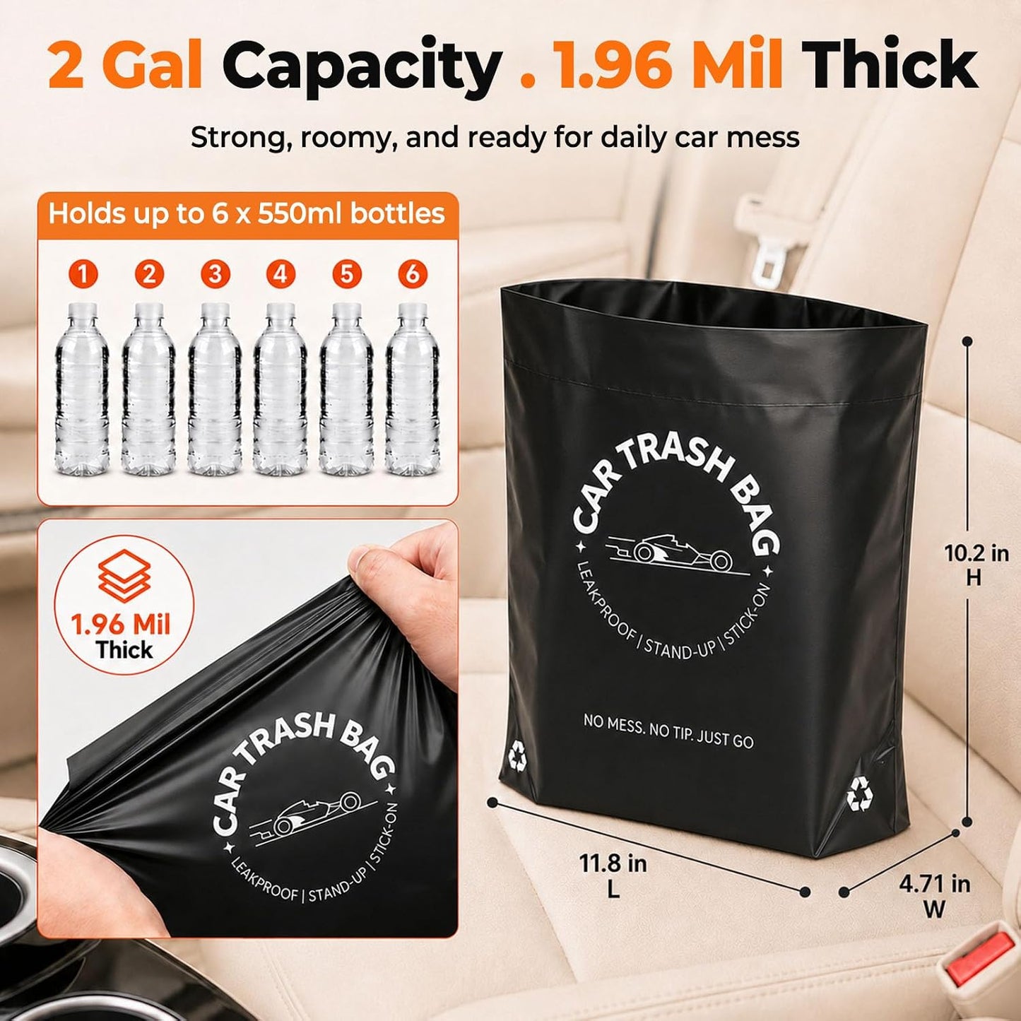COZILO Disposable Car Trash Bags, 60 Count Stand-Up & Stick-On Car Garbage Bags, 2 Gallon Leakproof Odor Seal Heavy Duty Car Trash Can Alternative for Car SUV Truck