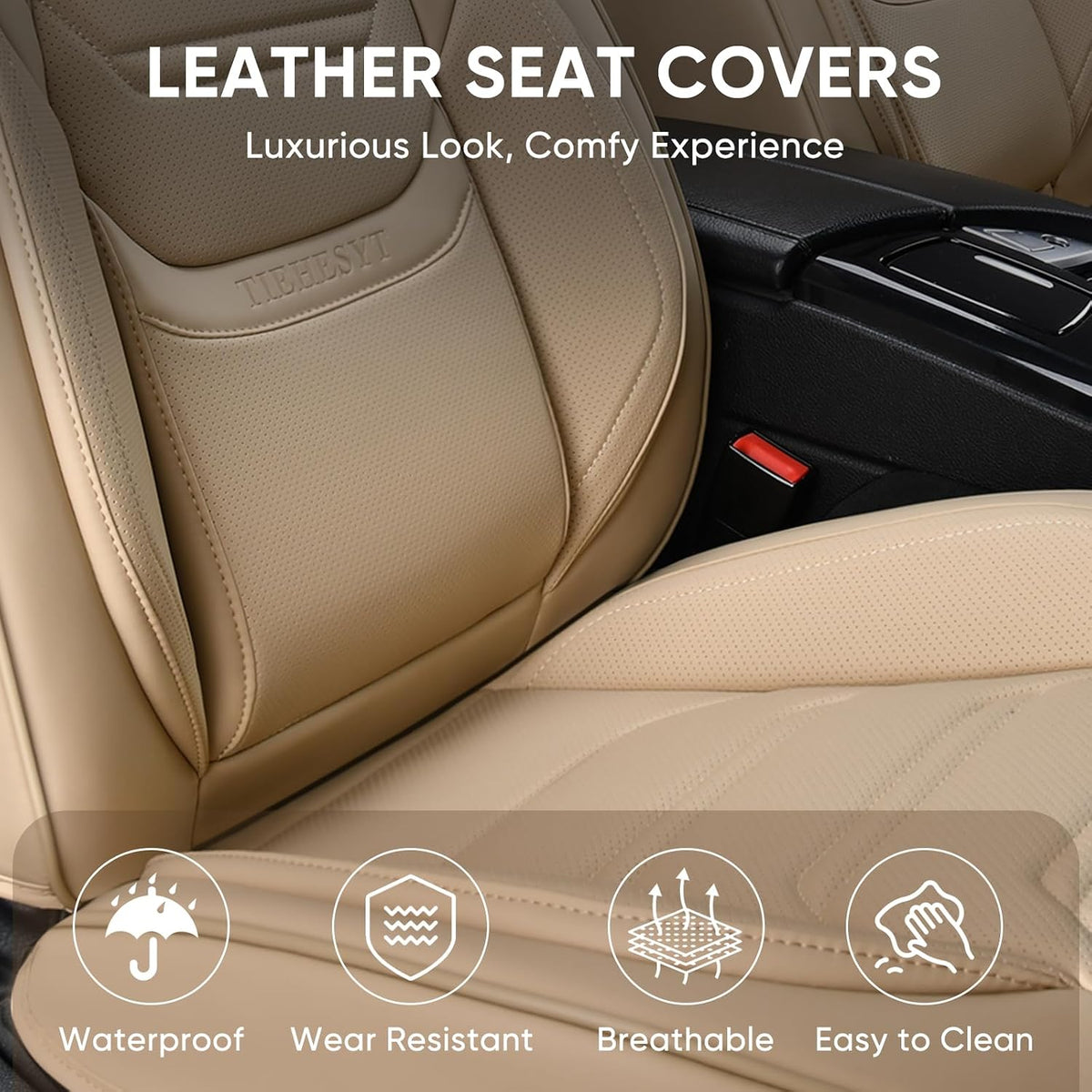 TIEHESYT Beige Car Seat Covers Full Set, Breathable Leather Automotive Front and Rear Seat Covers & Headrest, Automotive Seat Cover, Compatible with Most Cars Sedans SUV Pickup Trucks