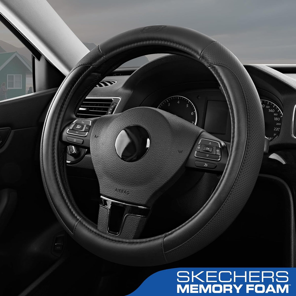 Skechers Steering Wheel Cover Memory Foam,Luxury Leather Steering Wheel Covers,Universal Anti-Slip Fit 14" 1/2-15" Car Wheel Cover for Stylish Car Decor Gifts Fit Suvs,Vans,Sedans,Car,Trucks,Black