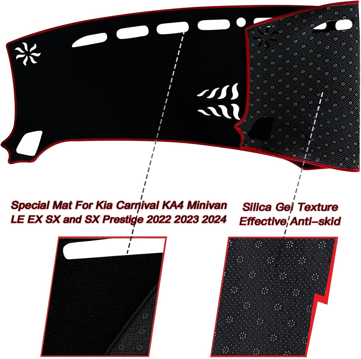 Dash Mat Cover Interior Dashboard Protection pad Compatible with Kia Carnival KA4 Minivan LE EX SX and SX Prestige 2022 2023 2024 Sunshade Glare UV Rays Protector (Red Trim)