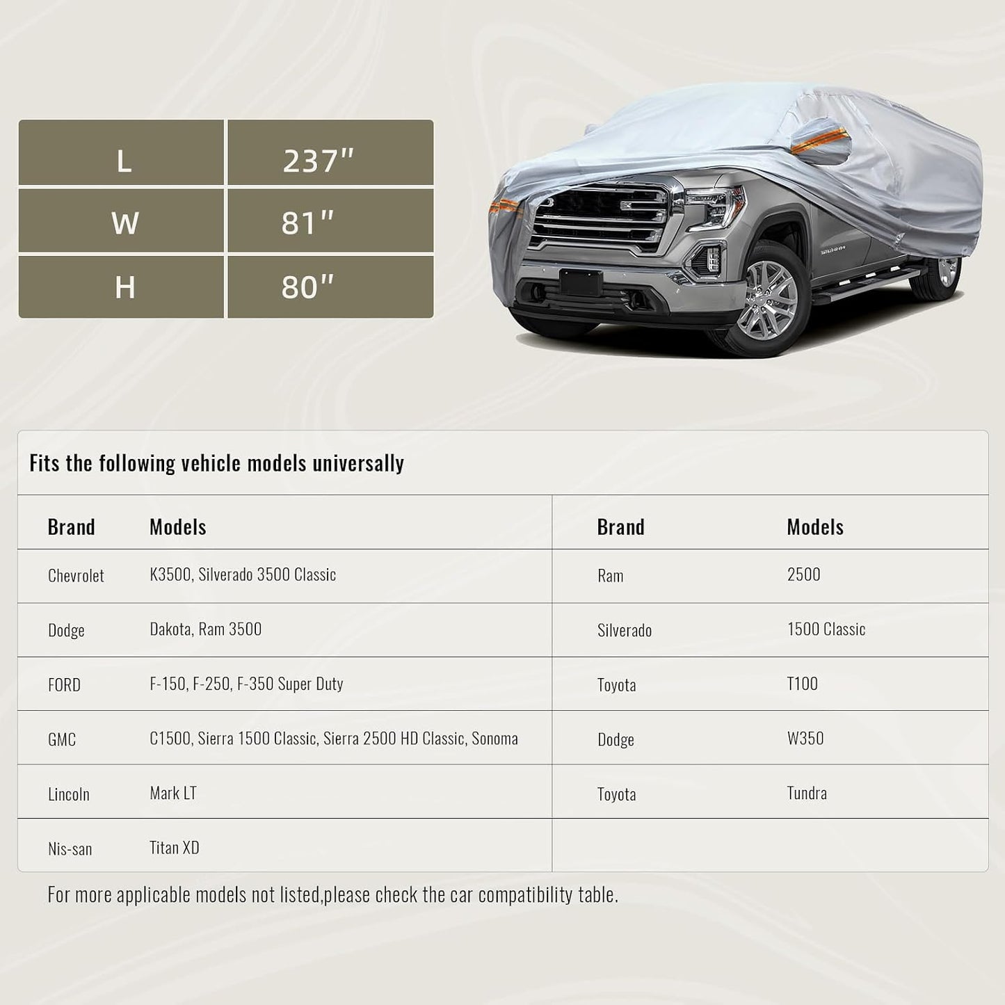 TUCAREST 6 Layers Full Car Cover for Pickup/Truck - Waterproof, Insulated, Anti-UV, Snow-Proof, Anti-Wind, All-Weather, Thickened Protection, up to 237 in
