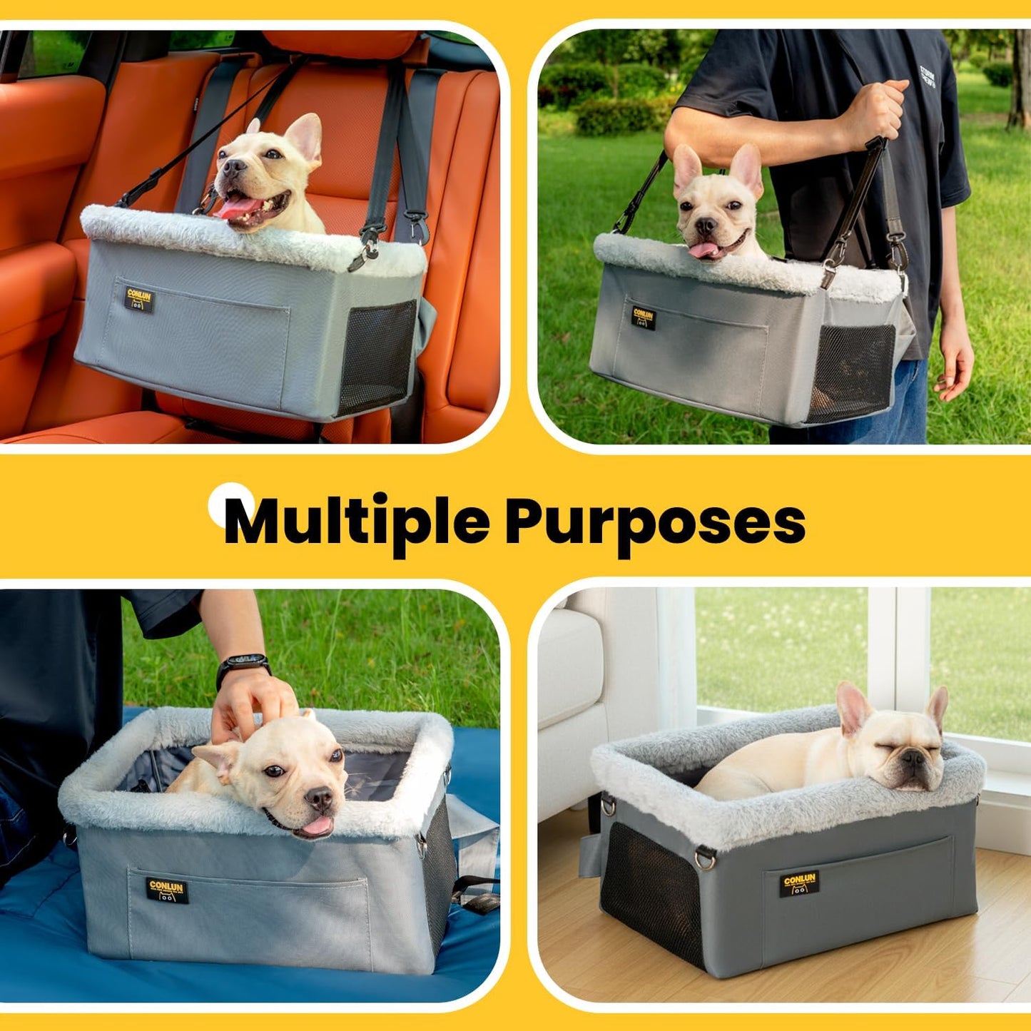 Conlun Dog Car Seat Booster for Small Pet Under 20lbs, Portable Travel Puppy Car Seat with Internal Steel Frame, Comfort Cushion & Storage Pockets, Adjustable Straps Fit Most Cars, Grey