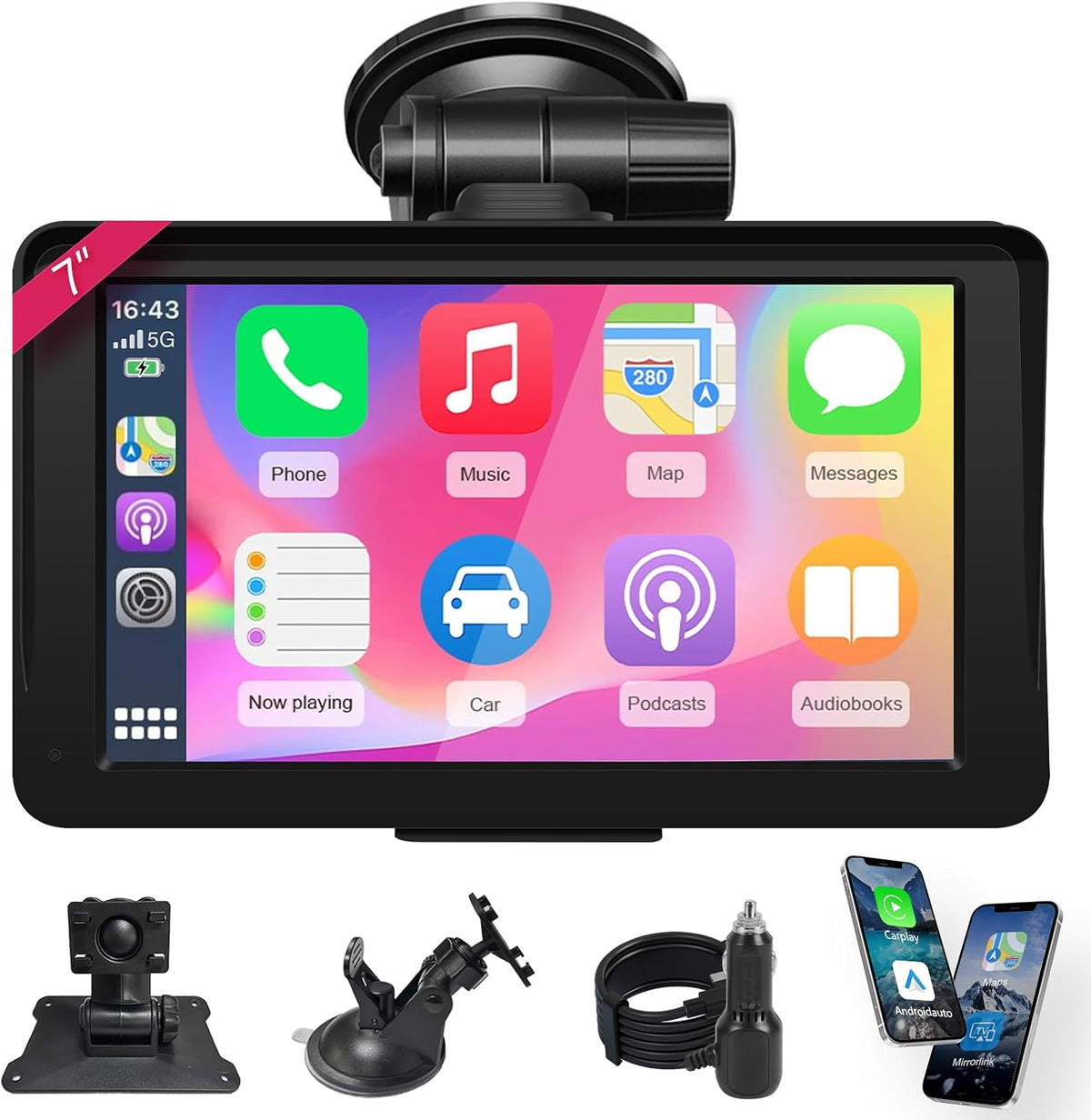 Wireless Carplay Screen for Car, 7" HD IPS Touch Screen Stereo for Apple Carplay & Android Auto,Bluetooth,Voice Control,GPS Navigation,Mirror Link | Plug-and-Play, Apple Car Paly for All Vehicle