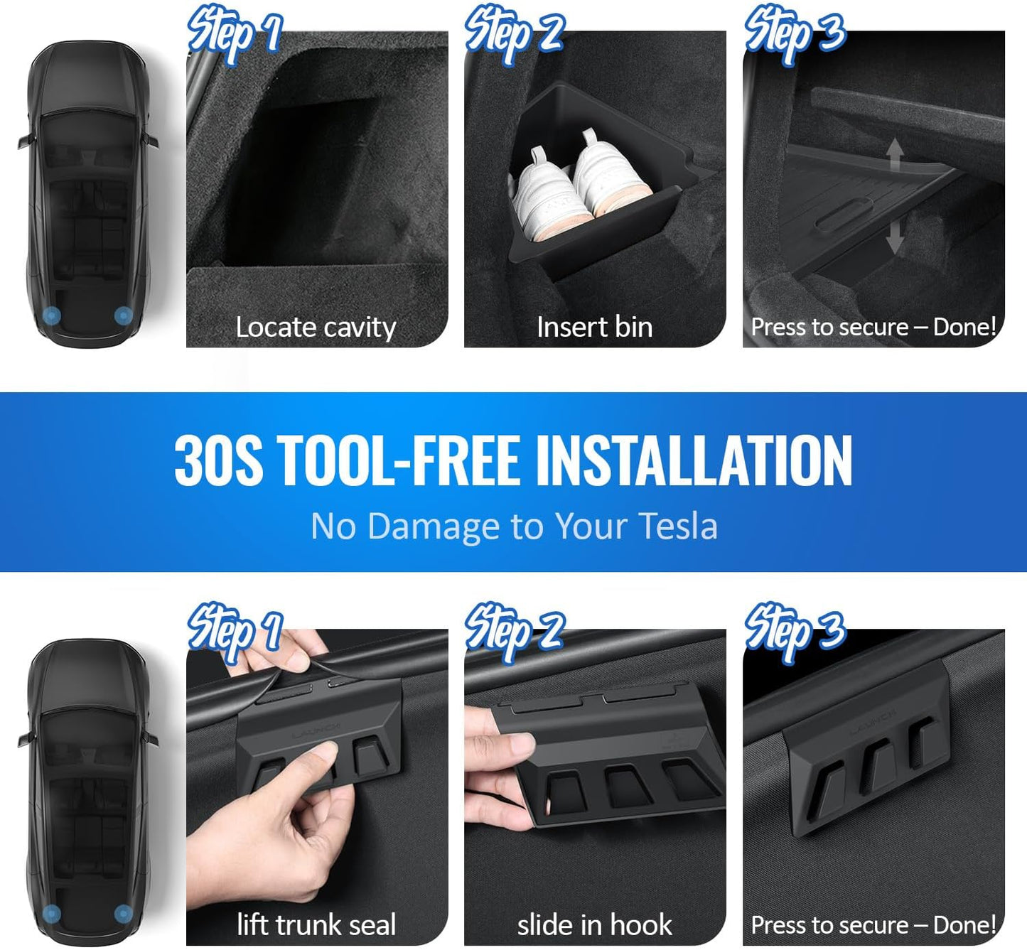 GEEDAR Tesla Model Y Juniper Trunk Organizer Set, 2 Trunk Storage Bins with TPE Lid + 2 Rear Trunk Organizer Hooks, Rear Trunk Side Storage Box for Model Y Juniper 2025 2026 Interior Accessories