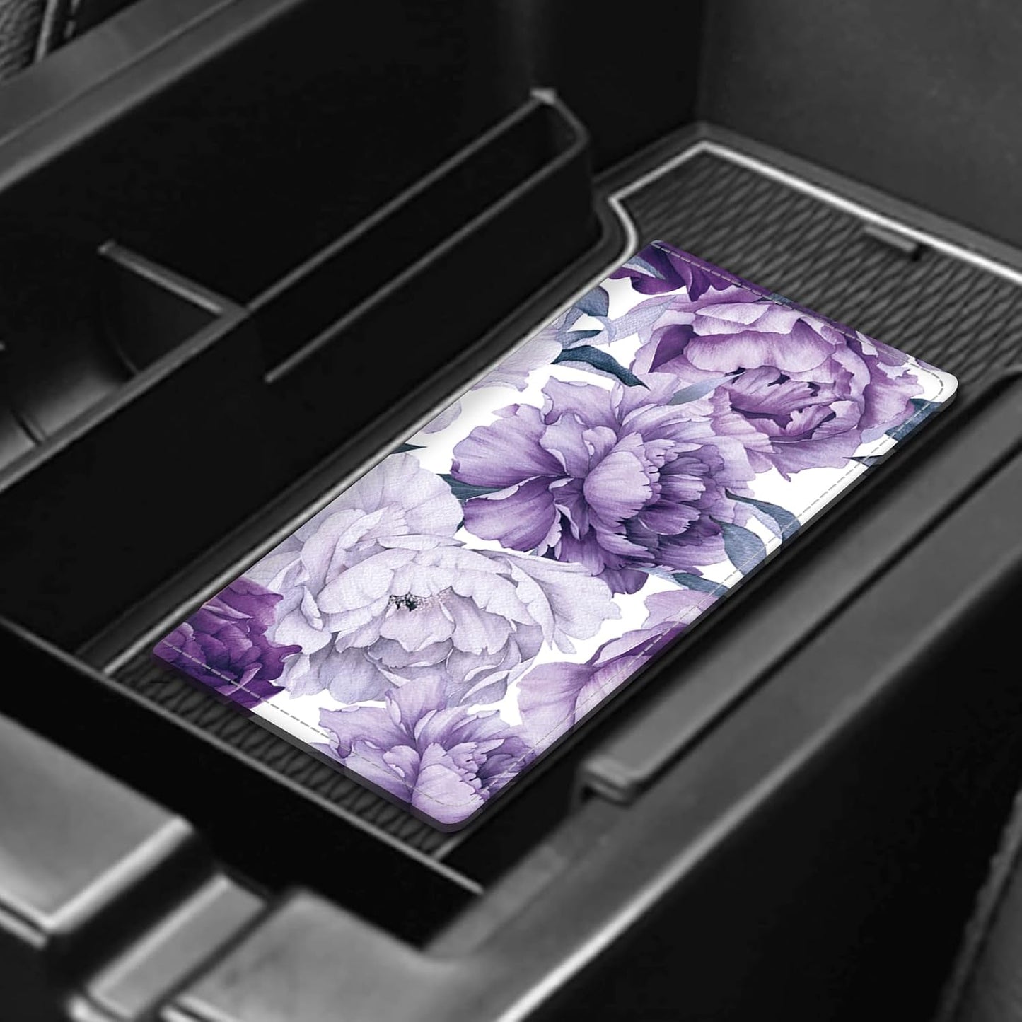 Leather Car Registration and Insurance Card Holder, Cute Car Accessories Vehicle Glove Box Car Organizer for Documents, Cards, License Cute Purple Flowers