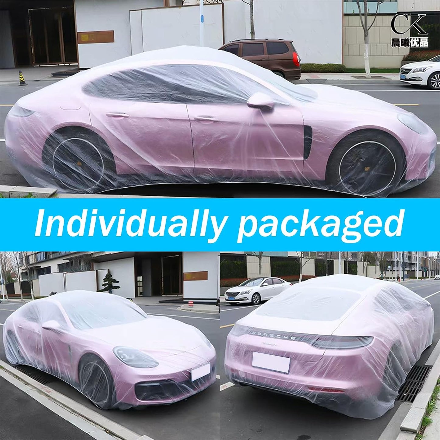 Car Essential Universal Disposable Clear Plastic Car Cover Suitable SUV Sedan (Membrane Size：12.5ft x 21.4ft) with Elastic Band for Outdoor Snow Rain Weather，Individually Packaged, Super Convenient