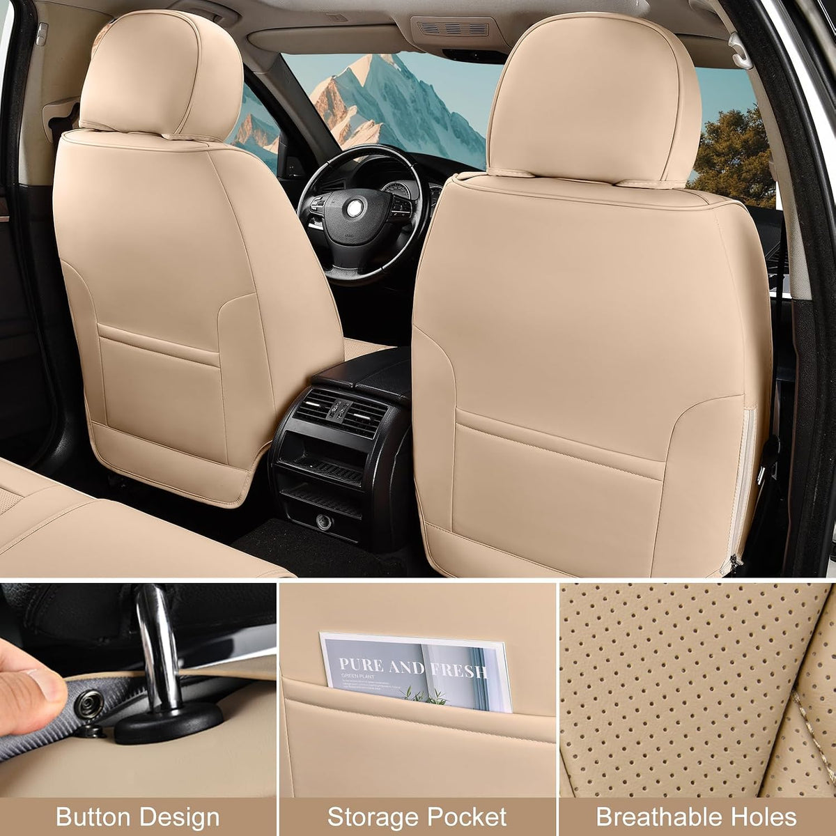 TIEHESYT Beige Car Seat Covers Full Set, Breathable Leather Automotive Front and Rear Seat Covers & Headrest, Automotive Seat Cover, Compatible with Most Cars Sedans SUV Pickup Trucks