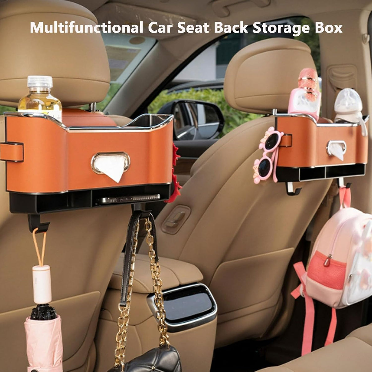 Multifunctional Car Seat Back Storage Box, Car Seat Tissue Box and Storage Box, Universal Car Tissue Organizer Back Seat with 2 Drink Cup Holder (Black)