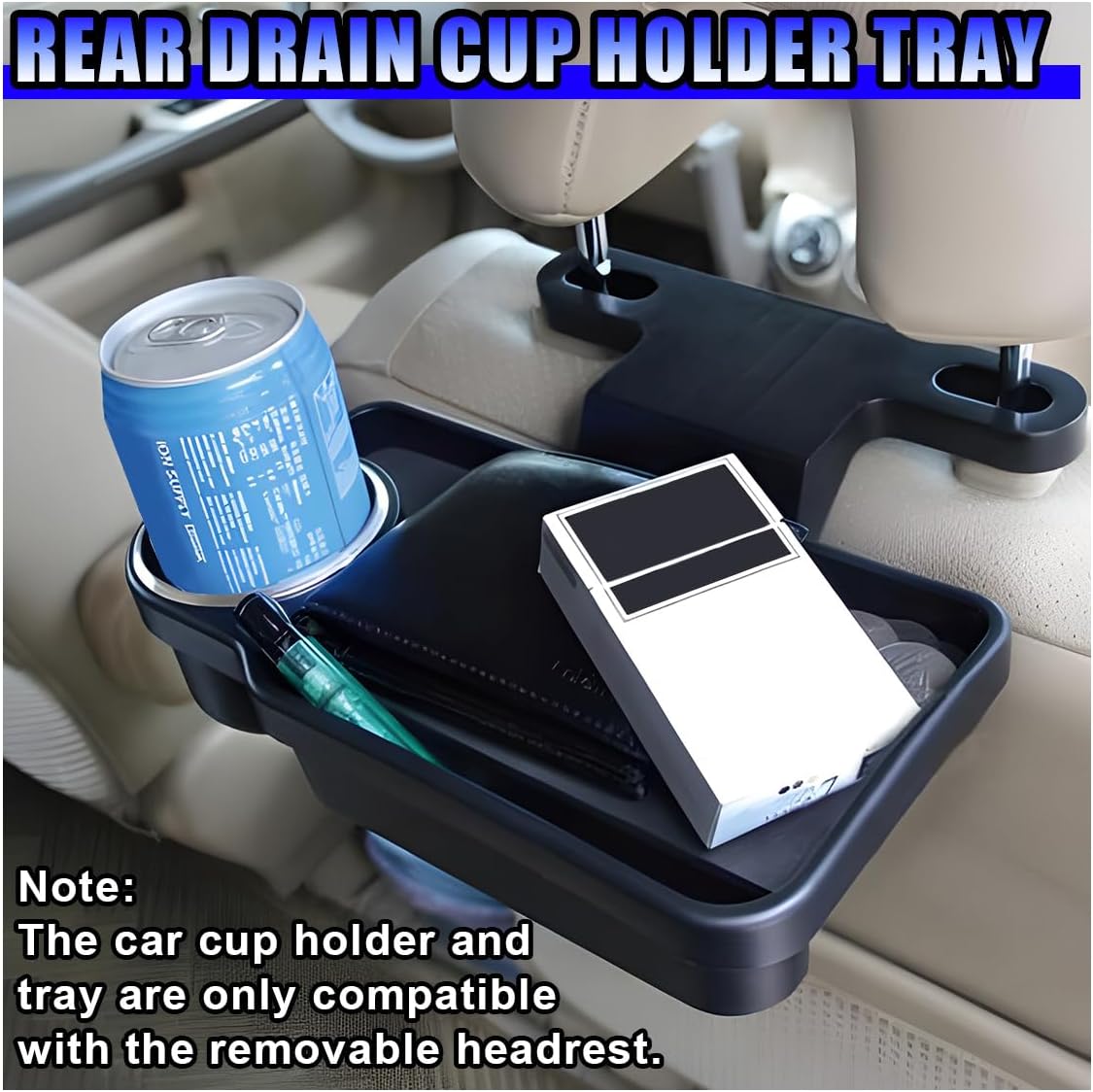 Car Cup Holder Tray, Foldable Car Backseat Organizer Food Tray for Eating, Multifunctional Detachable Headrest Drink Trays Desk for Most Vehicles Road Trips