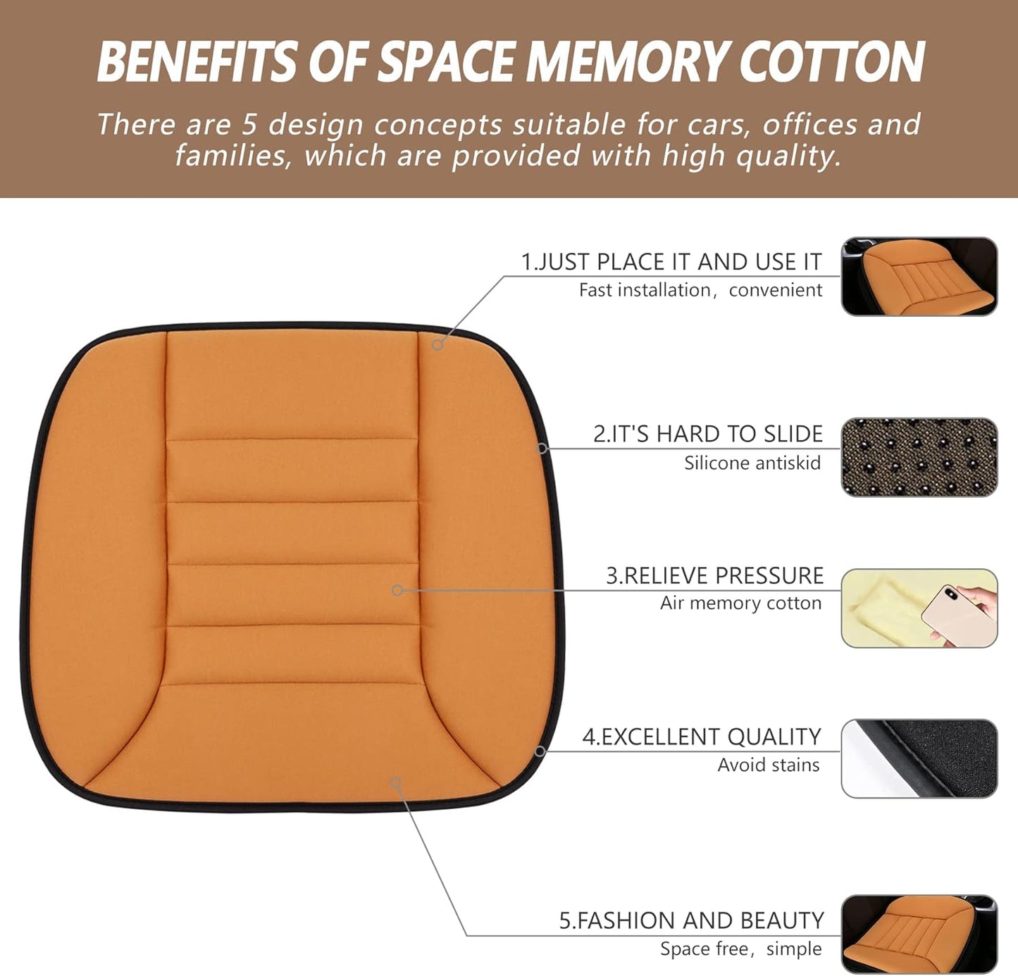MYFAMIREA Car Seat Cushion Pad 1.2" Thick Comfort Seat Protector for Car Driver Seat Office Chair Home Use Memory Foam Seat Cushion with Non Slip Bottom, 20'' x 18.5'', Orange