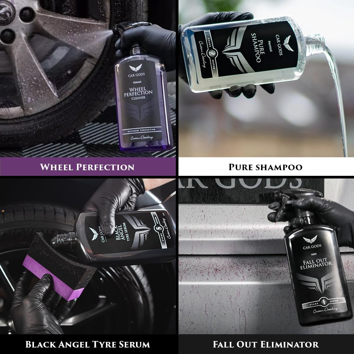 Car Gods 8 Piece Car Cleaning Detailing Kit - Shampoo - Carnauba Wax - Wheel Cleaner - Shine Detailer - Fallout Eliminator - Tyre Serum - Interior Detailer - Glass Cleaner