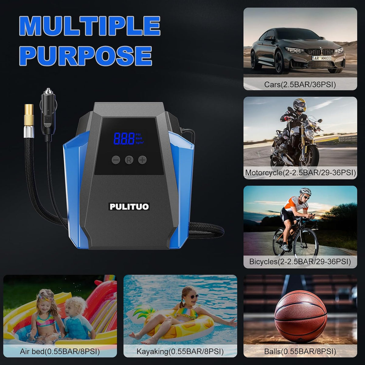 PULITUO 12V DC Tire Inflator - Portable Air Compressor 35L/min, 150 PSI Car Tire Pump with Auto Shut Off, Digital Pressure Gauge and LED Light, Blue