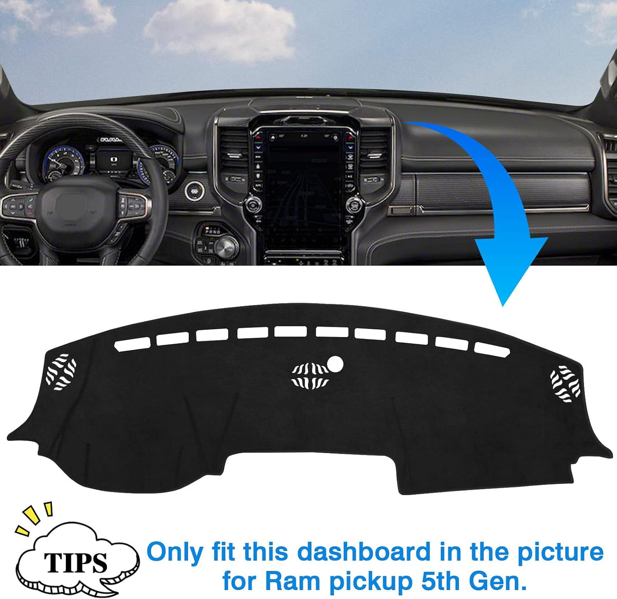 Autorder Dashboard Cover Mat for 2019-2023 2024 2025 2026 Dodge Ram 1500 2500 3500 Accessories Dash Cover Flannel Dash Mat Sunshade Glare UV Rays Protector Black