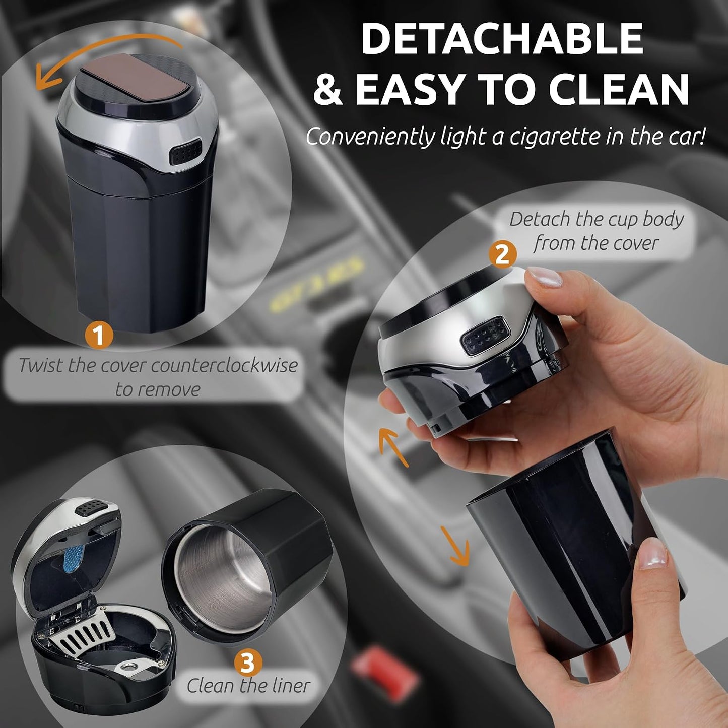 TAKAVU Car Ashtray, Detachable Stainless Lid, Blue LED & Lighter (Silver) | Easy Clean-Up Detachable Ashtray, Fits Most Vehicle Cup Holders, Removable Lighter & Illuminated Lid