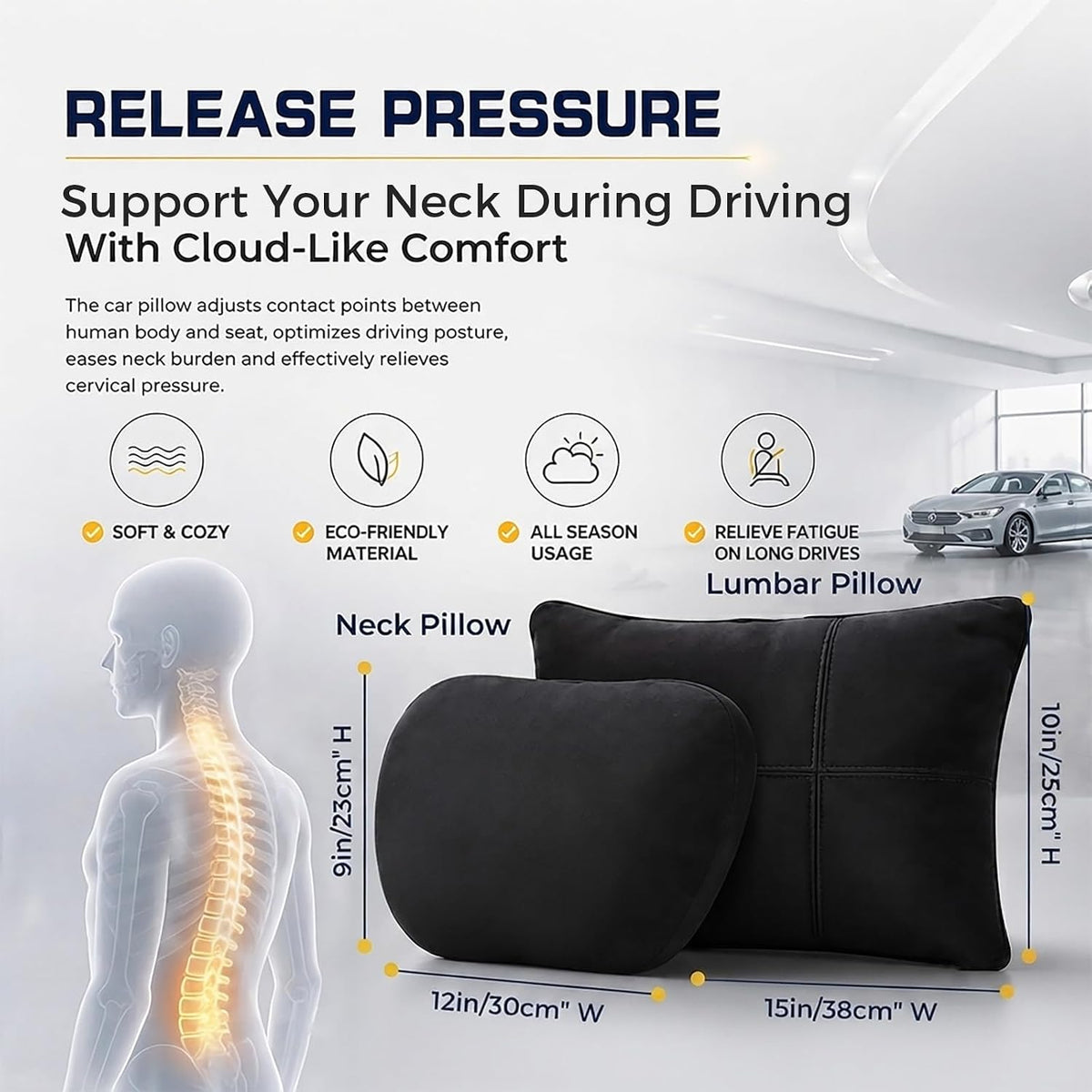 2 PCS Car Pillow for Driving Seat Soft Suede Headrest Neck & Lumbar Support