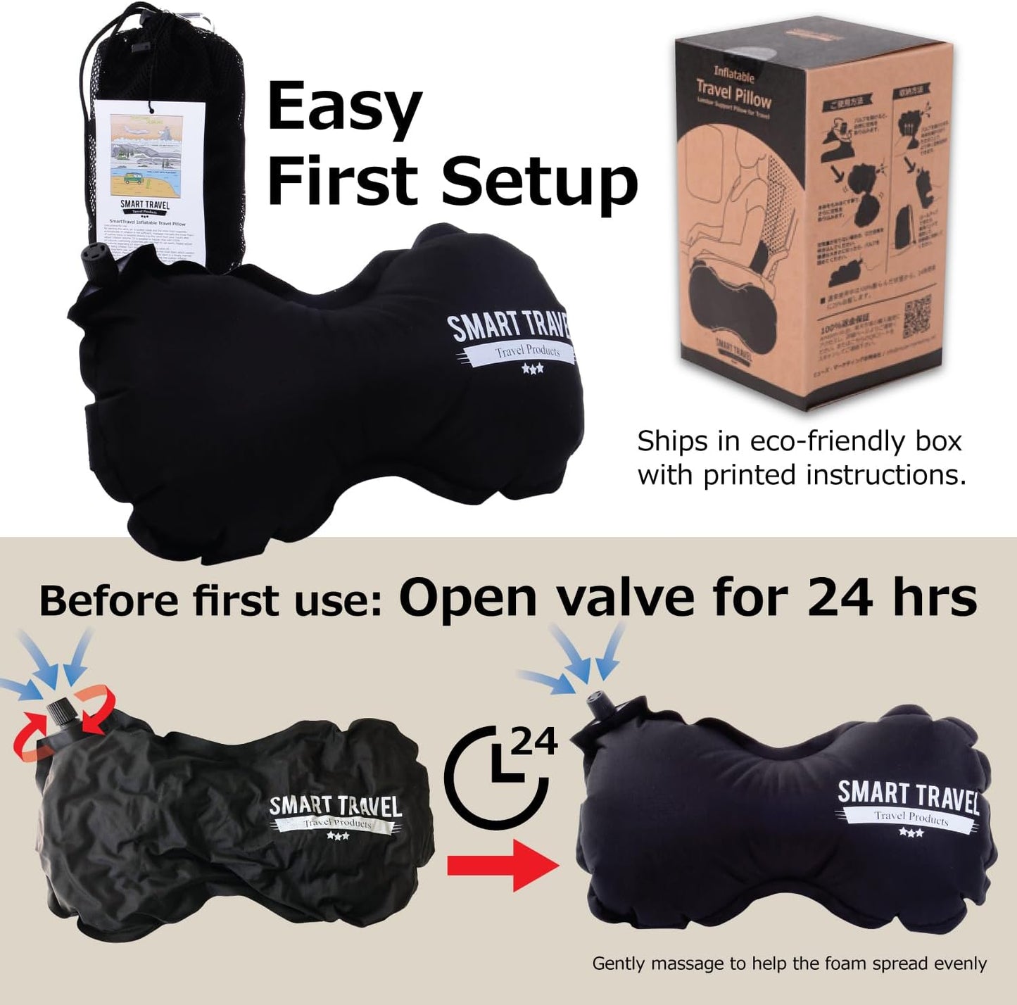 SmartTravel Inflatable Lumbar Support Travel Pillow for Airplane Seat | Adjustable firm back support cushion for long flights, office & car; eases lower back discomfort; self-inflates, packs small
