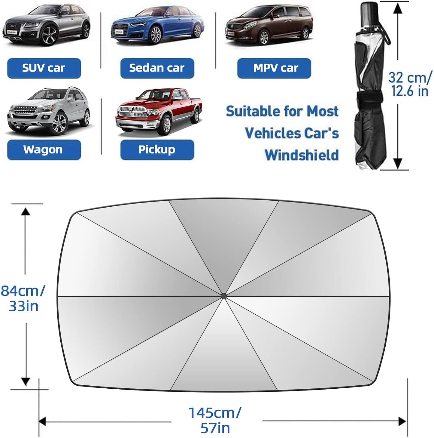 2026 Windshield Sun Shade Umbrella, Foldable Car Umbrella Sunshade with UV Block Car Front Window (Heat Insulation Protection) for Auto Windshield Covers Blackout Trucks Cars (Large)