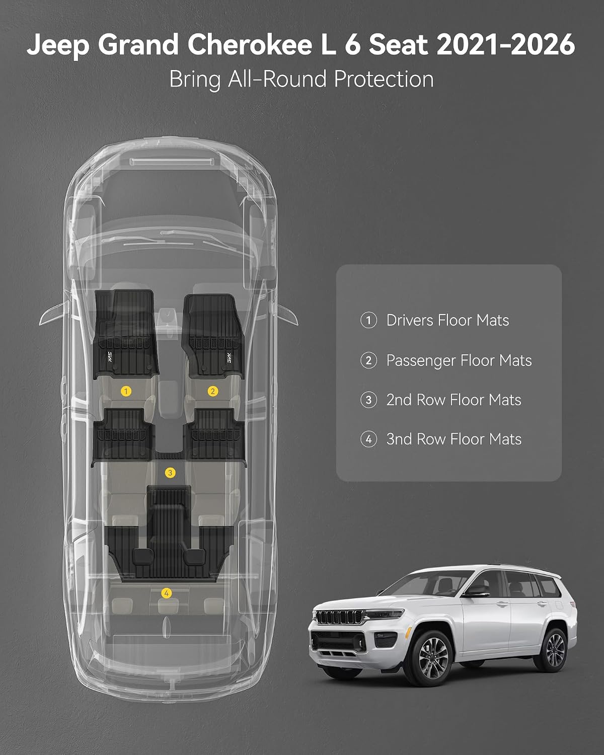 3W Floor Mats Fit for Jeep Grand Cherokee L 2021-2025 2026, TPE All Weather Custom Fit Floor Liner for 1-3 Rows Full Set Car Mats Black (Only for 6 Seater Without Center Console)