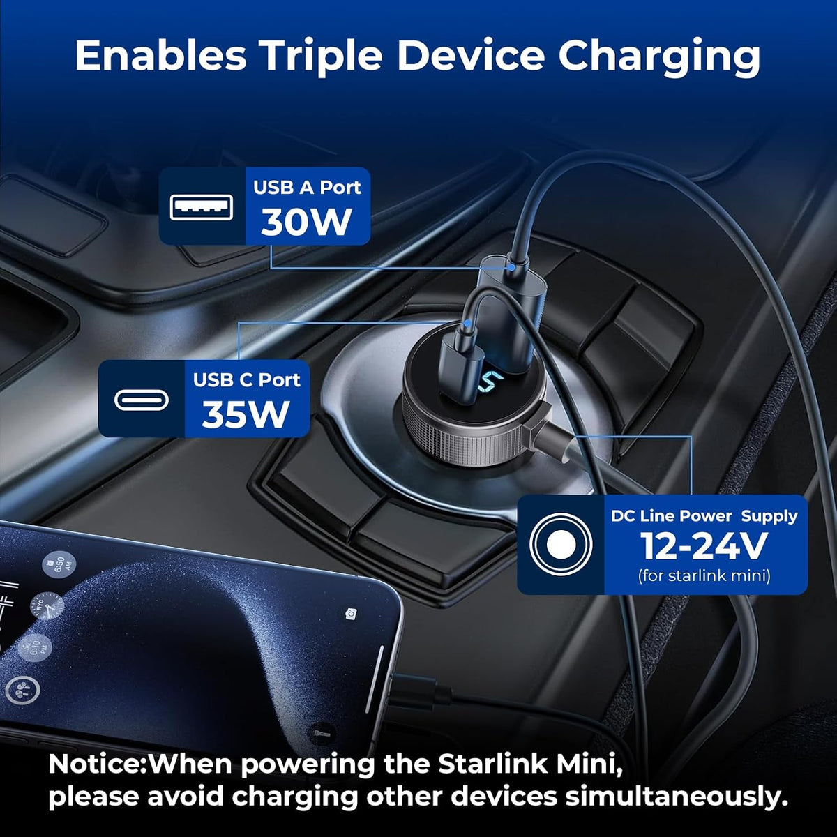 Starlink Mini Cable, 3 in 1 Starlink Mini Car Charger DC Power Cable+ Cigarette Lighter Adapter 12V-48V with Digital Display, Durable USB C PD 40W and USB A 35W Ports for Trucks and Cars (10FT)