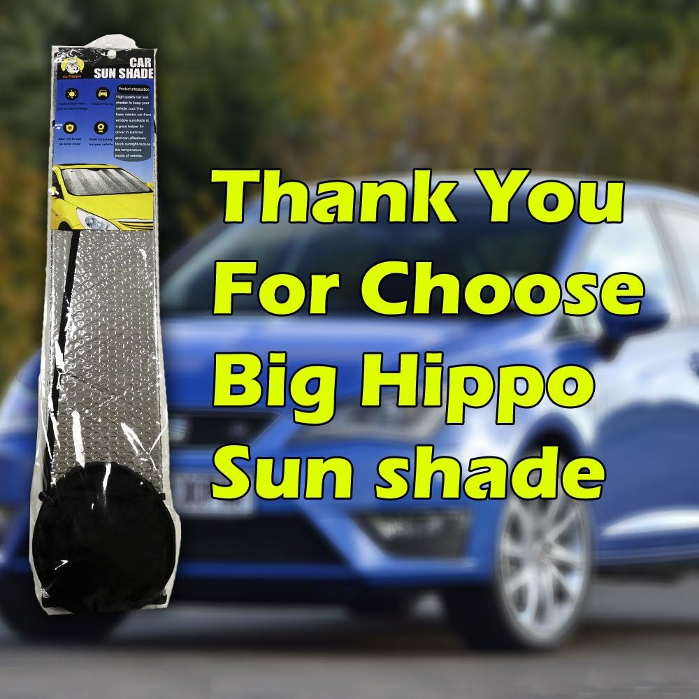 Windshield Sun Shade, Car Window Shade as Bonus by Big Hippo Keep Vehicle Cool Protect Your Car from Sun Heat & Glare Best UV Ray Visor Protector (Size: 55.16"X 27.5")