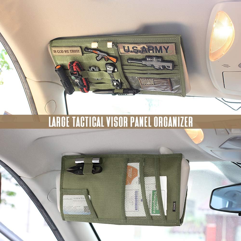WYNEX Car Visor Organizer 2-Sided MOLLE Panel, for Car Trucks Pickup Vans | Fold:M-13.8x7", 3 Hoop-N-Loop Strap, Auto Sun Visor Storage Pouch, for Car Gadget, Daily Driving Road Trip
