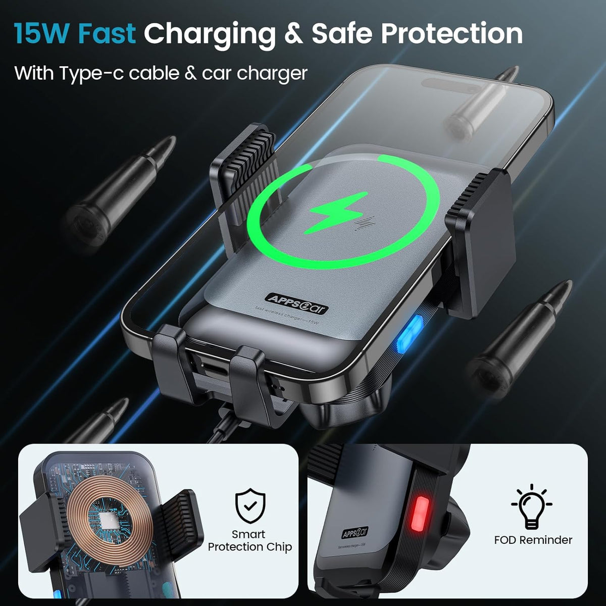 APPS2Car Wireless Car Charger Mount CD Slot Auto Clamping 15W Fast Charging