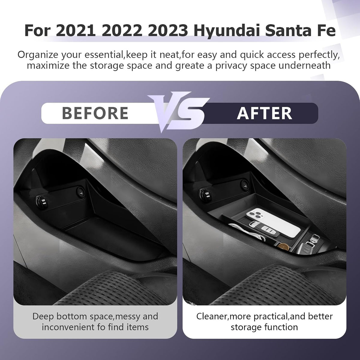 LUWU Lower Center Console Tray Storage Box for 2021 2022 2023 Hyundai Santa Fe SE/SEL/XRT/Limited/Calligraphy Accessories Armrest Console Organizer ABS Material 2022 2023 Santa Fe Accessories Black