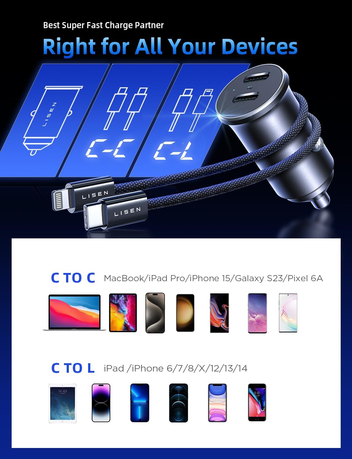 LISEN 2 Pack USB C Car Charger with Lightning Cable & USB C Cable