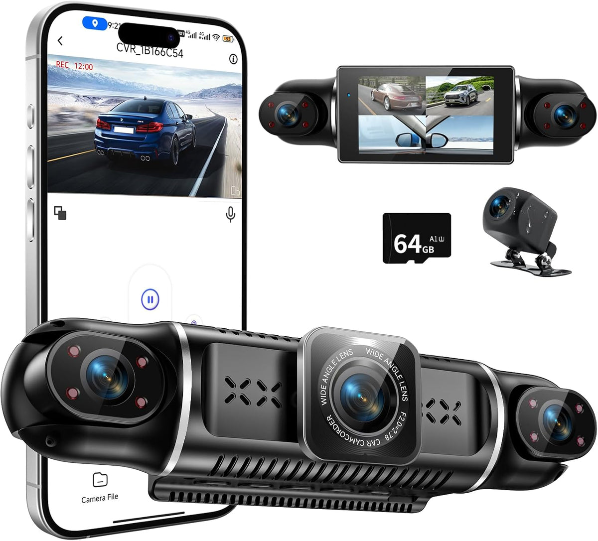 360°View 4 Channel Dash Cam, 4K+1080P Front and Rear Inside Left Right, Dash Camera for Cars, Built-in G-Sensor, IR Night Vision, 24H Parking Mode, 64GB SD Card, Loop Recording, Wireless APP Control