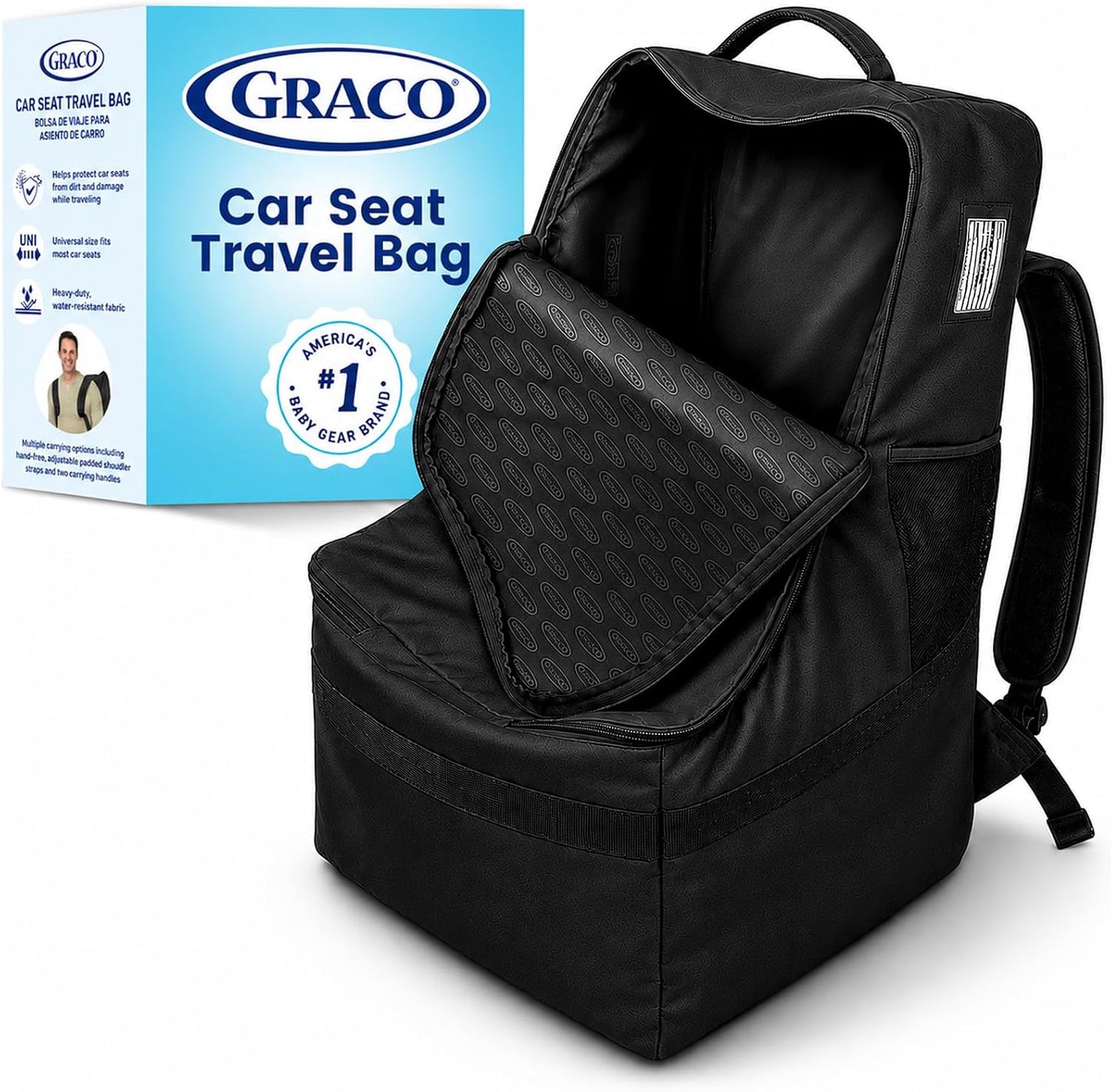 Graco Padded Car Seat Travel Bag & Infant Carrier Backpack, Black | Durable Large Back Pack, Double Padded Strap, Water Resistant Material, Airport Gate Check Bag