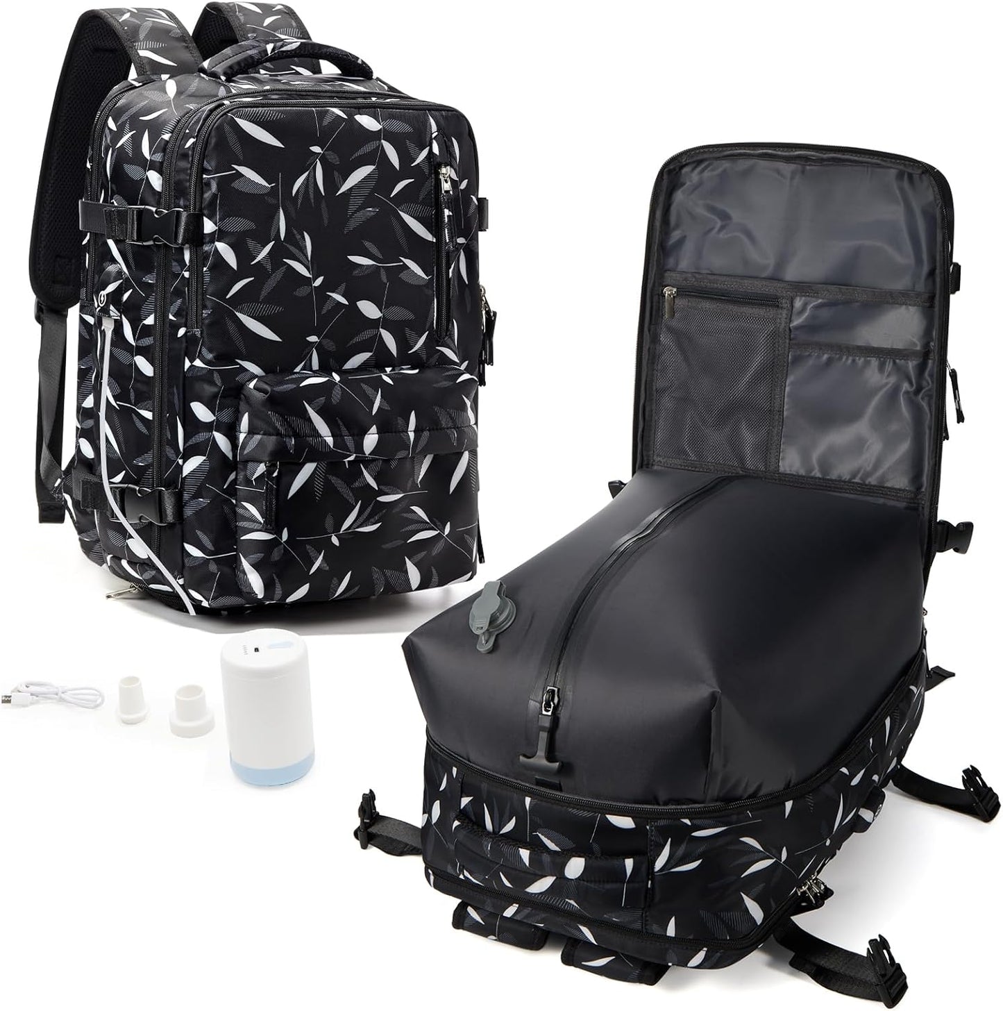 WONHOX Vacuum Seal Backpack for Travel with Air Pump Vacpack Carry on Flight Approved Compression Daypack Laptop Space Saver Bags Storage with Vacuum System 18x14x8 inches Travel Bag Women LeafBlack