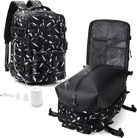 WONHOX Vacuum Seal Backpack for Travel with Air Pump Vacpack Carry on Flight Approved Compression Daypack Laptop Space Saver Bags Storage with Vacuum System 18x14x8 inches Travel Bag Women LeafBlack