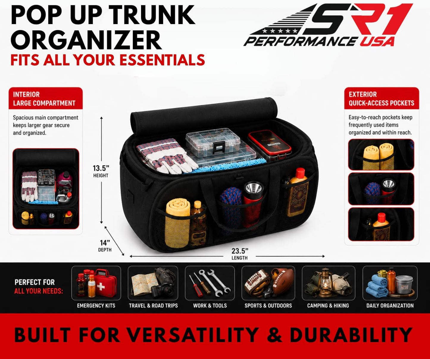 SR1 Performance USA C7 Corvette Trunk Organizer – Expandable Pop Up Collapsible Cargo Storage Caddy for 2014-2019 Chevrolet Corvettes – Black with Crossed Flags Logo