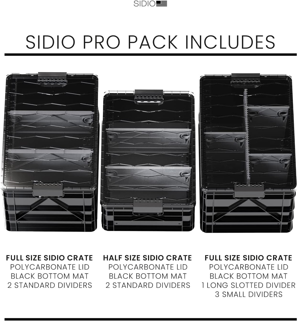 SIDIO Pro Pack, HD Stackable Storage Bins with Lids & Dividers, Black