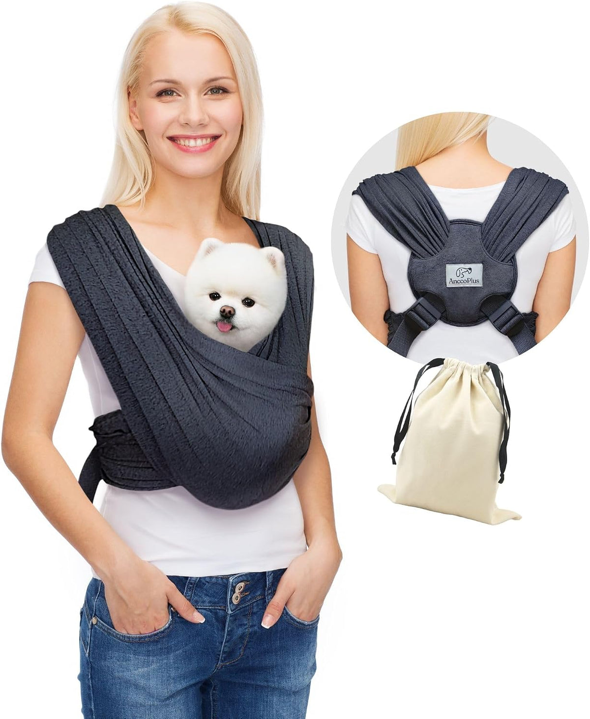 AnccoPlus Small Dog Sling Carrier, Hands-Free, Charcoal Black, Plus