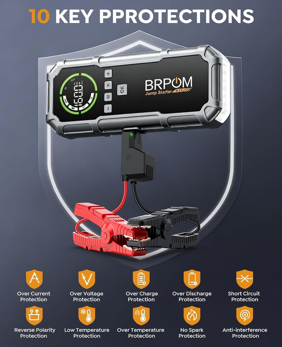 Jump Starter with Air Compressor, BRPOM 8000A Portable Car Jump Starter (All Petrol/12L Diesel), 160PSI 12V Battery Jump Starter Power Pack with Jump Clamps, LCD Screen, 600 Lumens Emergency Light