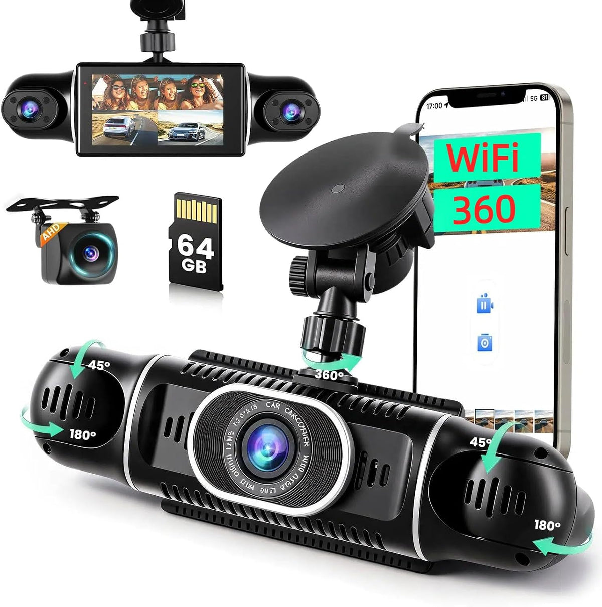 4 Channel 360° Dash Cam Front and Rear Inside, with 64GB Card