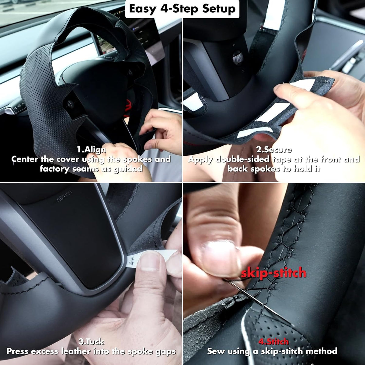 MEWANT Stitch On Steering Wheel Cover for Tesla Model 3 Tesla Model Y