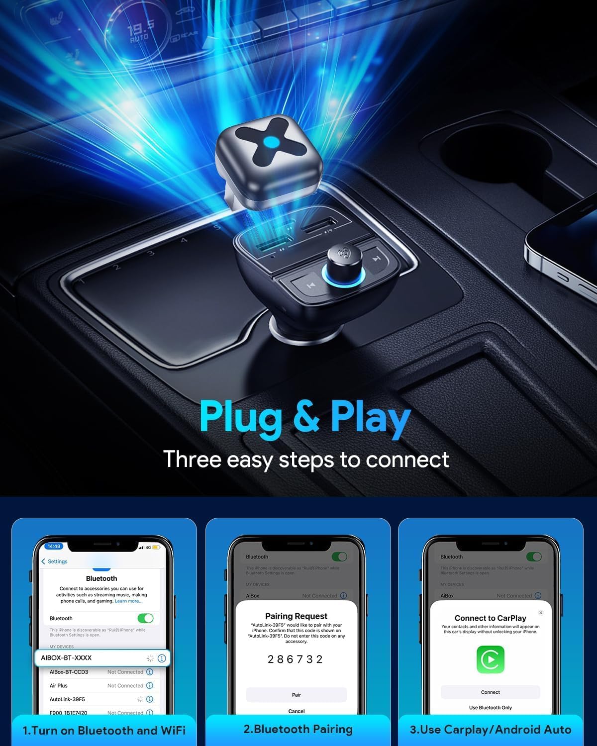 Wireless CarPlay Adapter for iPhone＆Android Auto, 3s Fast Auto-Connect, 5.8GHz WiFi, Bluetooth 5.4, Convert Wired to Wireless, No Delay, USB-C/USB-A/Extension Cable, Compatible with iOS10+/Android 10+