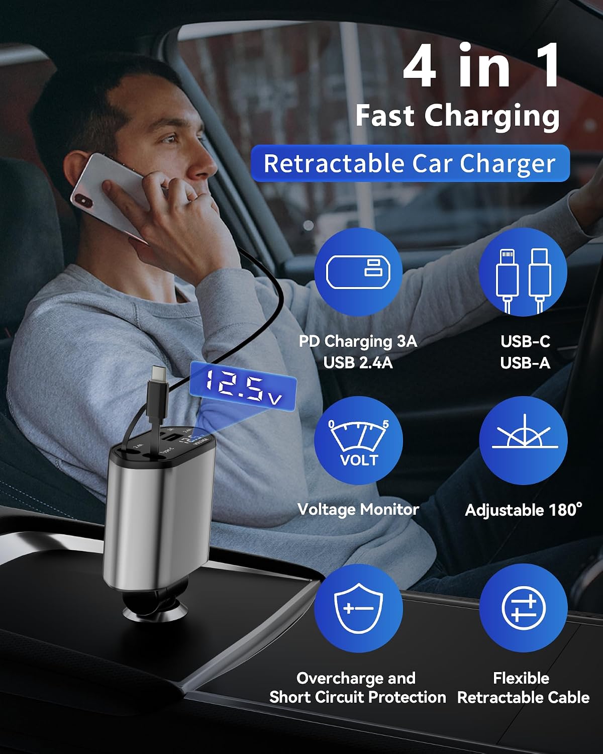 Retractable Car Charger, 4 in 1 Fast Charging Car Charger