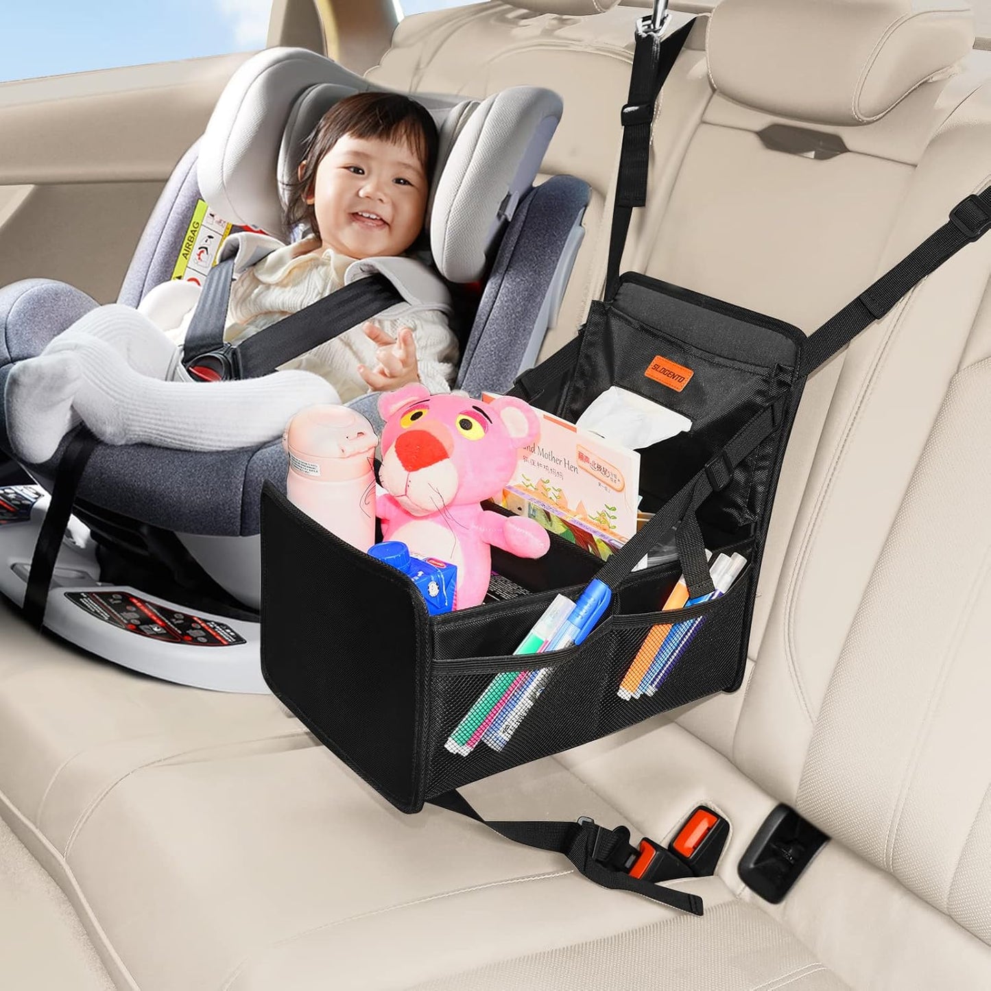 Kids Car Organizer Backseat- Easy-to-Reach Car Organizers and Storage for Back Seat Between Seats with Tissue Box and Side Pockets, Car Travel Accessories for Baby Long Trips with cup Holders
