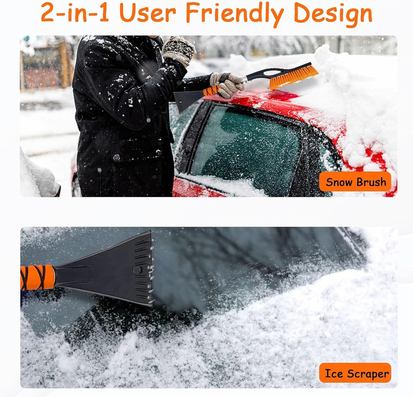 27'' Snow Brush and Ice Scrapers for Car Windshield, 2-in-1 Car Accessories Detachable Snow Ice Scraper and Brush with Foam Grip for Cars, Trucks, SUVs