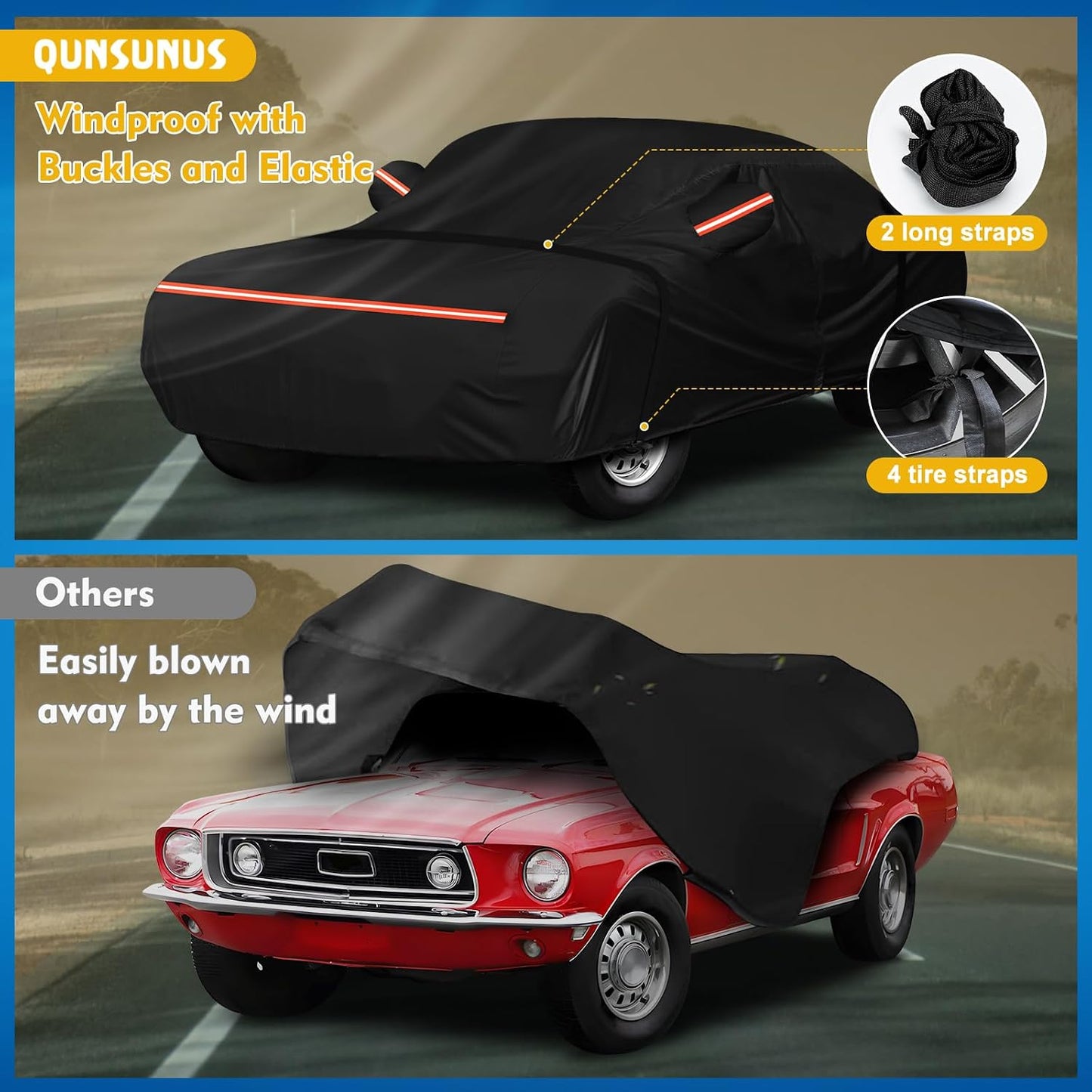 QUNSUNUS 6 Layer Car Cover for Ford Mustang 1964-1968 Waterproof All Weather 420D Windproof for Ford Mustang Car Cover Hail Protection with Zipper