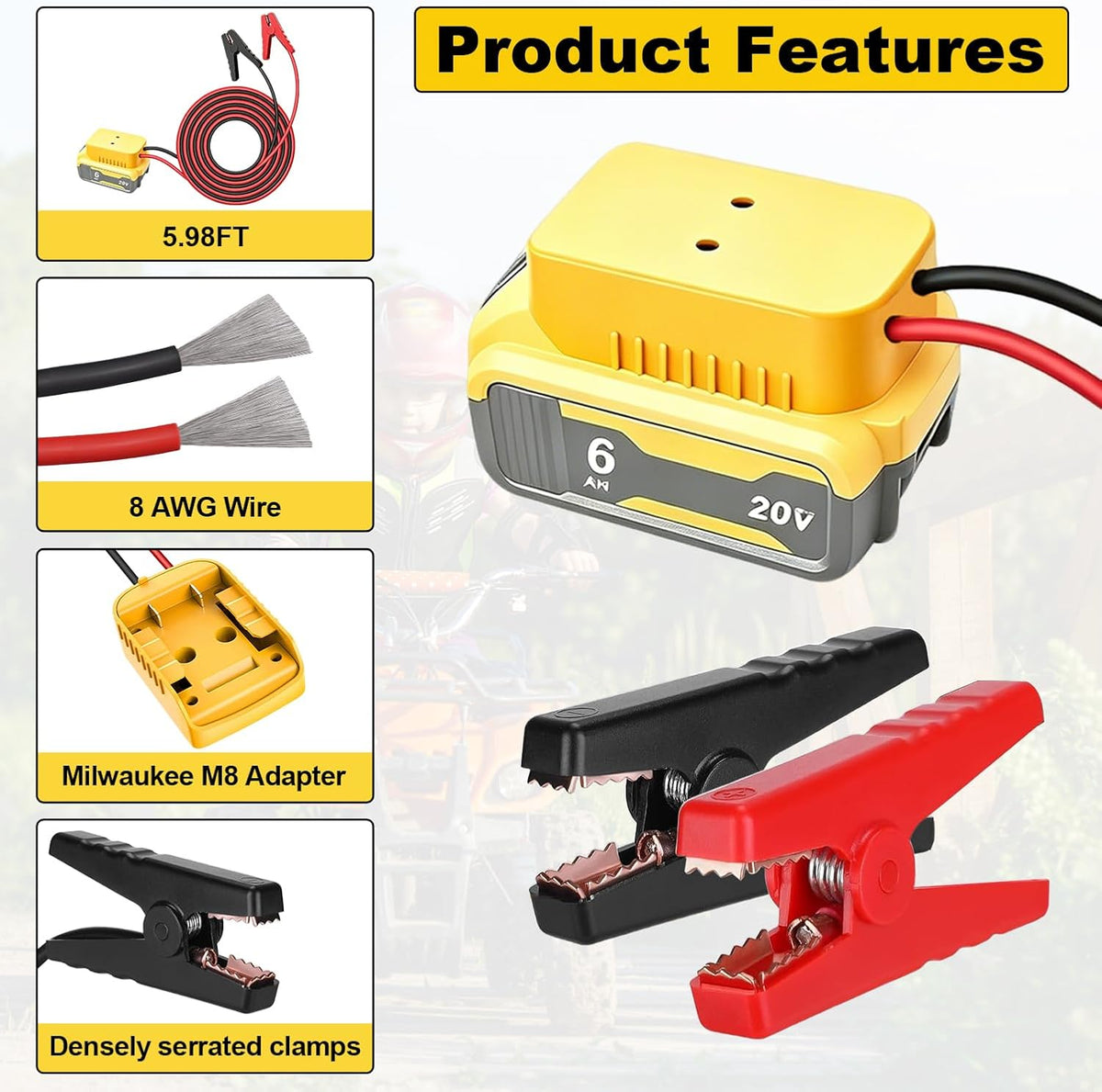 Jumper Cable Clamps for DeWalt 20V Jump Starter, 5.98FT Cable